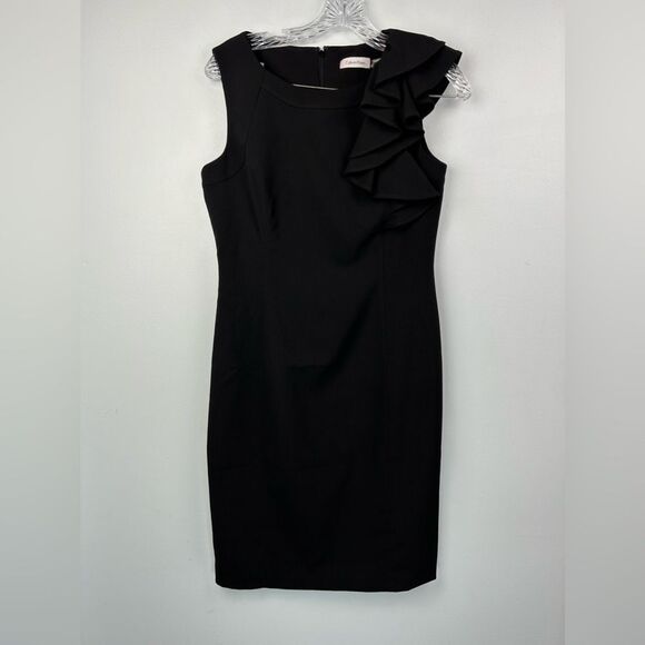 Calvin Klein Ruffle Flutter Sleeve Sheath Dress Black Back Zip Cocktail LBD Sz 4 - Picture 1 of 16